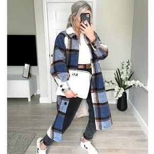 H&M Oversized Coat Blue Checked Knee-length Size XS NEW Trendy
